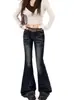 Jeans Retro Americanos con Dobladillo Crudo Bigotes Micro Campana para Mujer Primavera Otoño Chica Picante Adelgazantes Pierna Recta Longitud de Piso Pantalones de Campana