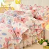 Falda de cama de encaje gruesa estilo princesa de cuatro piezas, patrón floral pequeño, todo algodón, colcha, funda de edredón, ropa de cama individual y matrimonial
