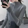 Otoño e Invierno Cremallera Cuello Medio Alto Suéter Ajustado Manga Larga Tejido Capa Base Sentido del Diseño Temperamento Top Interior Tendencia para Mujer
