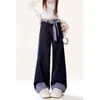 Talla Grande Gordo mm Pajarita Empalme a Cuadros Jeans Pantalones de Pierna Ancha Sueltos de Cintura Alta Diseño de Primavera y Verano para Mujer