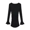 Vestido Longo com Costas Abertas e Pregas Estilo Puro Desejo para Mulheres no Outono e Inverno com Saia Base, Saia de Cintura Marcada, Saia Curta que Cobre o Quadril