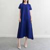 Vestido de Verano Miyake Estilo Europeo y Americano Nuevo de Cuello Redondo Plisado Talla Grande Línea A para Mujer, Holgado que Adelgaza Cubre Cadera Largo