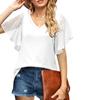 Camiseta de Mujer Amazon Comercio Exterior Europeo y Americano 2023 Manga Corta Patchwork Color Sólido Cuello en V Superior Negro Casual Japonés y Coreano