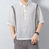 2026 Novo Estilo de Verão Camisa Masculina de Linho de Manga Curta com Costura em Cor Contrastante, Camiseta Solta Respirável, Camisa de Algodão e Linho, Tendência