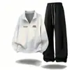 Conjunto de polo retro de media cremallera estilo americano, para hombre, manga larga, corte holgado, casual, deportivo, con pantalones largos y sudadera