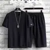 Terno esportivo casual de verão para homens de seda de gelo de manga curta T-shirt shorts um conjunto de moda masculina conjunto de duas peças