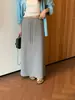 Saia Longa de Malha Cinza Feminina Outono Inverno Cordão Cintura Alta Reta Fenda Linha A Quadril Saia Longa Super Bonita