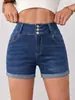 26 Shorts Jeans de Cintura Alta com Dois Botões, Ajustados, Elásticos, Barra Dobrada, Levanta Bumbum, Bumbum de Pêssego, Hot Pants para Mulheres - Shein