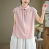 Foto Real de Camisas de Manga Curta de Cor Sólida para Reduzir a Idade para Mulheres, Camisas Casuais Artísticas em Algodão e Linho Estilo Japonês, Tops Estilo Preguiçoso