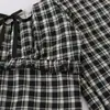 Roupa Feminina Transfronteiriça Marca Z Rosa Xadrez Retrô Gravata Borboleta Renda Gola Quadrada Cintura Marcada Modelagem Slim Manga Longa Camisa de Algodão