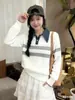 Otoño Invierno Nuevo Estilo Jersey de Punto con Cuello de Mezclilla Falso de Dos Piezas para Mujer Holgado Chic Rayas Bloque de Color Top Adelgazante