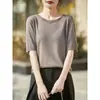 Camiseta fina de tricô de manga curta transfronteiriça para mulheres, novo estilo primavera e outono, gola redonda, caimento solto, comprimento curto, cor sólida, camiseta básica, top, manga curta