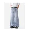 Calça masculina com gradiente azul claro, primavera e outono 2025, estilo casal, estilo campus americano, jeans largo reto solto