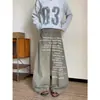 Jeans Feminino Retro Americano com Estampa de Letras Scimitar Wide-Leg Solto Reto Casual Khaki Longo