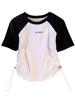 Camiseta Raglan Manga Curta Algodão Puro Estilo Retrô Americano para Mulheres Verão Design de Nicho Camisa com Cordão na Cintura Top Curto