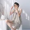 Pijama fino de algodón y seda para mujer de verano, conjunto de camisola y shorts con estampado de moda de primavera y otoño en tallas grandes, se puede usar como ropa de casa