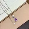 Pingente Gota d'Água em Prata Esterlina S925 com Ametista Natural e Água-Marinha, Colar Totalmente Cravejado em Diamante para Mulheres, Corrente Versátil Simples para Clavícula