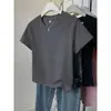 Camiseta Azul Marinho de Algodão Puro com Gola Redonda e Manga Curta para Mulheres, Ombro Reto, Moda de Nicho Versátil que Rejuvenesce, Estilo Fino para Primavera e Verão
