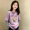 Camiseta Manga Longa Infantil Algodão Puro Primavera e Outono Camada Base Estudante Top Infantil Crianças de Tamanho Médio e Grande Roupa Íntima Roupas de Outono Falso Duas Peças