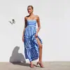 S32296 Comercio Exterior Europeo y Americano Ropa Transfronteriza para Mujer Amazon Rayas Posicionamiento Estampado Tirantes Espalda Descubierta Bolsillo con Solapa Vestido Pantalón para Mujer