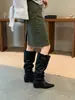 DAPAI SHOW Hebilla de cinturón estilo coreano, botas de caña alta apiladas para mujer, nuevo modelo otoño 2026, punta fina, tacón grueso, botas largas ajustadas