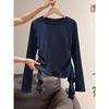 Camiseta de Manga Larga Azul Marino con Cuello Redondo y Dobladillo Irregular para Mujer, Nuevo Estilo Otoño, Top Plisado Ajustado