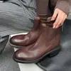 Botas Chelsea Básicas Versáteis Estilo Britânico Couro Bovino Salto Grosso Médio Bico Redondo Couro Genuíno Zíper Traseiro Botas Curtas para Mulheres