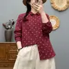 Camisa feminina de manga longa em gaze de algodão dupla camada com estampa floral pequena, solta e modeladora, base casual versátil estilo retrô artístico para outono