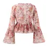 Comercio Exterior Transfronterizo Ropa de Mujer Primavera 2026 Estilo Europeo y Americano Cuello en V Mangas Acampanadas Cordón Camisa Estampada Top para Mujer M11726