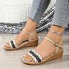 Sandalias Casuales de Cuña con Hebilla de Una Sola Tira y Suela Gruesa para Mujer Tallas Grandes Venta al por Mayor Tejido de Cuerda de Cáñamo Nuevo Verano 2025 Europeo y Americano