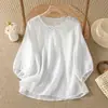 Foto Real de Camisa Pulôver Elegante Feminina Fina de Cor Sólida com Manga Lanterna Vazada Bordada Não Transparente Estilo Vintage 2026