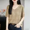 Top de punto para mujer de manga corta con cuello en V y hilo de colores 2026 Primavera/Verano Nuevo Calado Holgado Jersey Camiseta Base Camiseta