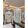 OFICIAL Otoño Blusa larga de estilo francés, transparente y brillante, con retazos, diseño de dos piezas simulado y escote fluido, 29026