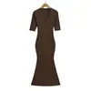 Vestido Sexy de Ajuste Ceñido con Escote en V Profundo y Mangas Medias para Mujer, Color Sólido, Adelgazante, Bodycon, Elegante, Favorecedor de la Figura, Largo, Moderno