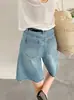 Jeans casuales sueltos de 5 puntos Juzhi retro de cintura alta adelgazantes con dobladillo deshilachado para mujer talla petite 61171