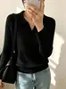 Suéter tejido vintage de punto con cuello polo calado para mujer, diseño de otoño, suéter básico de nicho suave y acogedor con cuello camisero