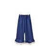 Pantalones de pierna ancha con costuras de encaje de encaje de oreja de madera estilo Mori Girl, forma suelta y a la moda, pantalones rectos de aspecto delgado para mujer