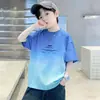 Camiseta de Algodón Puro Cómoda de Manga Corta y Cuello Redondo para Niños Grandes, Transpirable de Verano para Niños, Moderna con Estampado de Letras, Top Delgado para Niños
