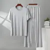 Conjunto de Pijama de Dos Piezas para Hombre Camiseta de Modal con Cuello Redondo y Bolsillo Pantalones Largos Conjunto Casual Pijama de Modal para Hombre