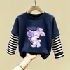 Nova Camiseta de Algodão Puro Patchwork com Gola Redonda e Manga Longa para Crianças, Estilo Fino, Primavera e Outono 2026, Meninas, Desenho Animado, Top Versátil