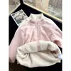 Moletom feminino com forro de fleece, peça externa espessa para outono e inverno, camada interna quente, roupa feminina casual