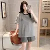 Pijama Nuevo de Verano para Mujer con Almohadillas en el Pecho, Shorts de Manga Corta, Tela Elástica tipo Algodón, Cuello Redondo, Ropa de Casa con Doble Bolsillo