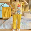 Pijama transfronteiriço de verão feminino conjunto de três peças de seda de leite desenho animado comércio exterior roupa de casa manga curta calça comprida estilo fofo