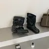 Botas de caballero con hebilla negra para mujer, botas cortas de motociclista, pantalones de bota adelgazantes, botines elegantes con remaches, punta redonda y tacón grueso