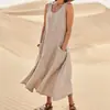 Sitio independiente de Amazon wish2023 verano estilo europeo y americano bolsillo sin mangas cuello redondo mujer vestido de algodón puro