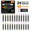 ¡Guau, marcadores acrílicos de 24/48 colores, bolígrafos de pintura a base de agua de doble punta para cerámica, vidrio, madera, bolígrafos de arte DIY para niños