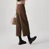 Estilo Simples e Elegante de Inverno 2025 Calça Larga de Nove Pontos Espessa Escovada Quente Calças Casuais Calças de Lã Femininas Pretas