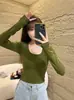 Top liso de manga larga ajustado con cuello en U para mujer, nuevo estilo coreano de otoño, camiseta elegante de cintura alta