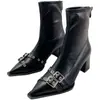 Encontro Primeiro Temporada 2026 Outono/Inverno Bico Fino Fivela Salto Bloco Botas de Cano Curto para Mulheres, Estilo Europeu e Americano Salto Alto com Zíper nas Costas, Botas Curtas Emagrecedoras