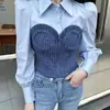 Outono Inverno Design Feminino Pontos Jeans Temperamento Socialite Chique Emagrecedor Versátil Falso Duas Peças Gola Polo Top